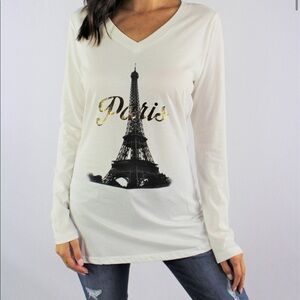 Paris Graphic Long Sleeve Cream V-Neck T-Shirt